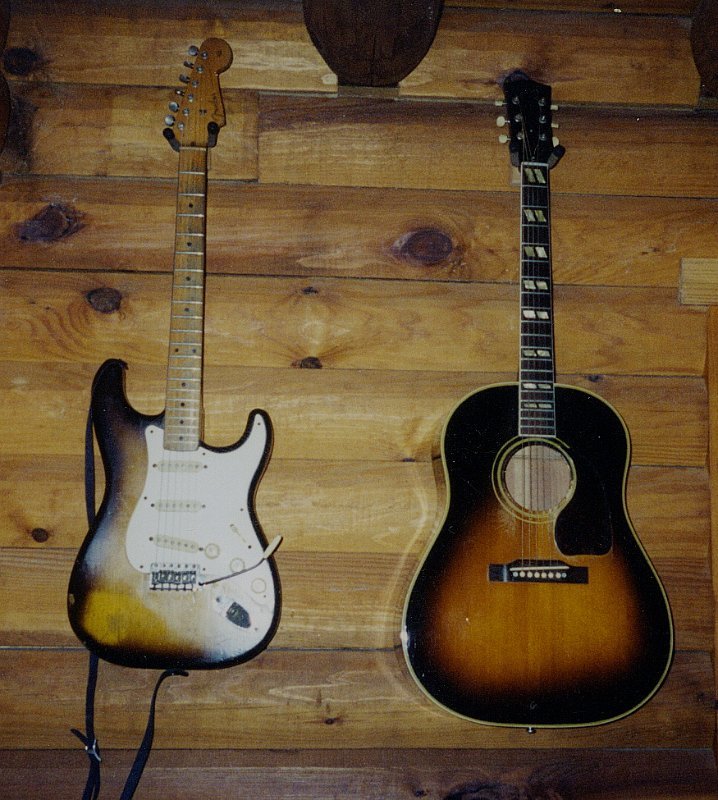 1957_Strat_and_1949_Gibson.JPG -  Mason's 1957 Fender Stratocaster and 1949 Gibson SJ  1995  Photo by: Mason Ruffner 